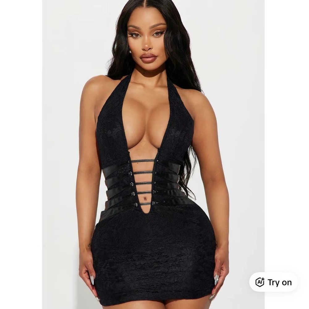 Fashion Nova Black Lace Halter Mini Dress with Lace-Up Waist Straps